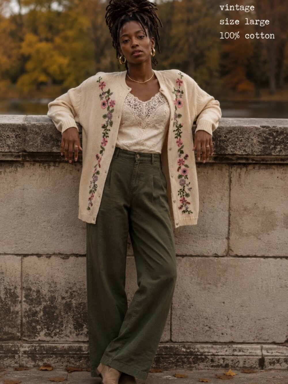 Jumper vintage cardigan floral crochet button front size large 100% cotton